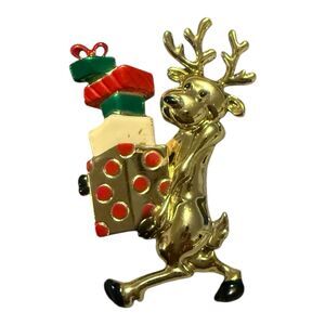 Vintage Reindeer Christmas Metal Brooch Gold Tone Pin Signed CAJC